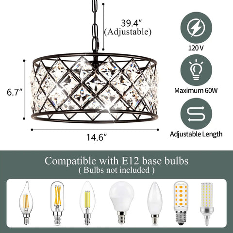 Dope Black Crystal 3 Light Chandelier For Dining Room And Living Room dimensions and bulb compatibility