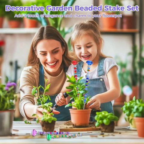 Mother and daughter using 60-Piece Threaded Rod Kit With 8-32 Inch Metal Rods Nuts Screws And Rhinestone Heads for garden decor