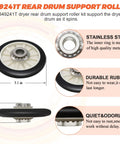 Upgraded 4392065 Dryer Repair Kit 349241T rear drum support roller with measurements, stainless steel and rubber features