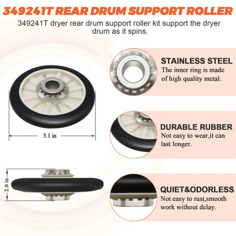 Upgraded 4392065 Dryer Repair Kit 349241T rear drum support roller with measurements, stainless steel and rubber features
