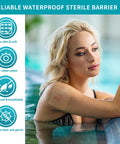 Transparent Film Dressing 50 Pack No Hassle Waterproof Clear Bandages 4 By 5 Inches Hypoallergenic Latex Free Wound Cover on woman's arm in pool