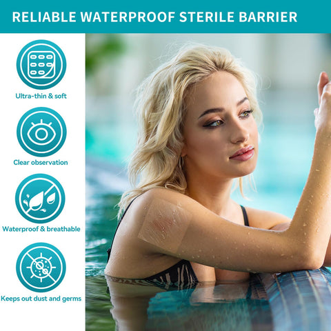 Transparent Film Dressing 50 Pack No Hassle Waterproof Clear Bandages 4 By 5 Inches Hypoallergenic Latex Free Wound Cover on woman's arm in pool