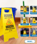 Caution Wet Floor Sign Yellow Double Sided A Frame, Bilingual Foldable Safety Sign 17.12 x 8.38 x 0.94 Inches showing uses