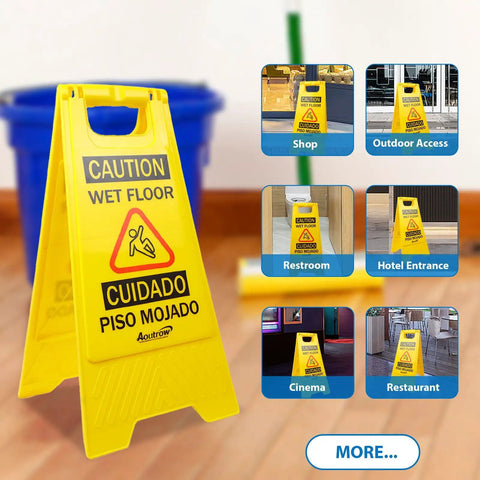 Caution Wet Floor Sign Yellow Double Sided A Frame, Bilingual Foldable Safety Sign 17.12 x 8.38 x 0.94 Inches showing uses