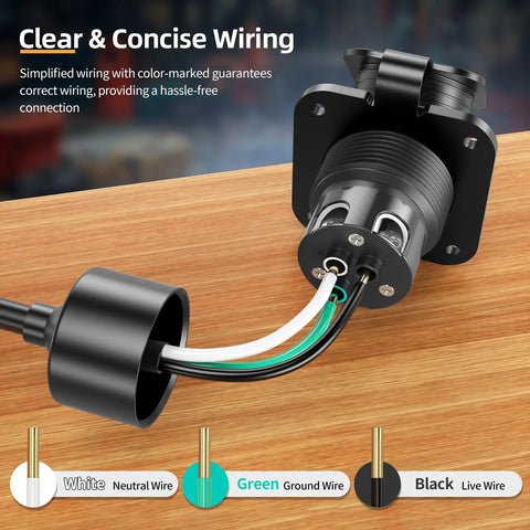 Heavy Duty 15A AC Shore Power Flanged Inlet With Waterproof Nema 5-15P Male Receptacle Flush Mount Outlet showing clear wiring connections.