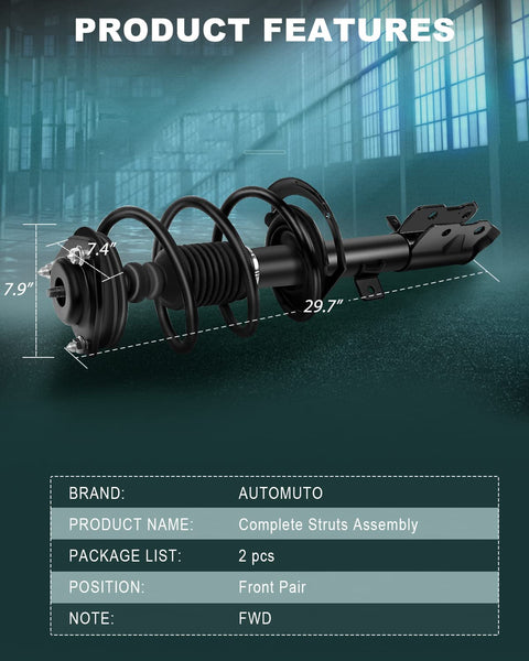 Front Pair Strut Assembly And Shock Absorbers For 2007 To 2012 Dodge Caliber, 2007 To 2010 Jeep Compass, And 2007 To 2010 Jeep Patriot FWD And 4WD Two Piece Set Easy Install Heavy Duty Replacement For A Smooth Ride, shown with product features.