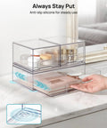 Stackable Storage Drawers Set Of 4 Clear Plastic Organizer Bins with beauty supplies displayed on a bathroom vanity