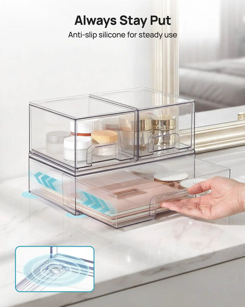 Stackable Storage Drawers Set Of 4 Clear Plastic Organizer Bins with beauty supplies displayed on a bathroom vanity