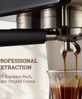 One Touch Auto Grind Espresso Machine With Smart Dosing And Brushed Stainless Steel Finish designed for barista coffee extraction.