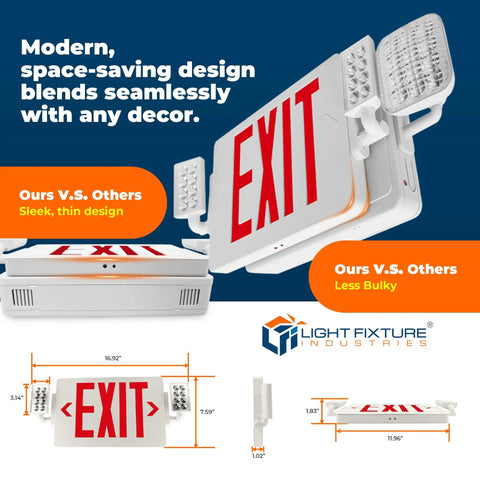 Red LED Exit Sign With Emergency Lights In White Housing UL 924 Listed 120 To 277 VAC Hardwired With Battery Backup Damp Location Rated 157 Lumen Output 3.3 Watt Low Power NiMH Battery Backup Optional Double Face And Knockout Arrows