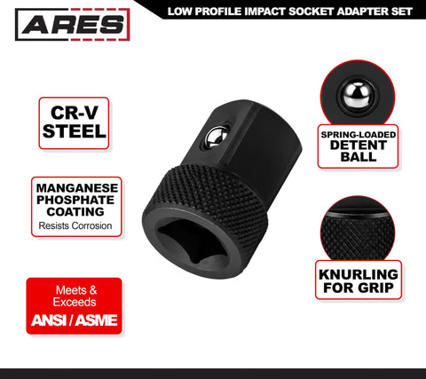 Low Profile Impact Socket Adapter Set For Tight Spots With 1/4 In F To 3/8 In M 3/8 In F To 1/2 In M 1/2 In F To 3/4 In M Heat Treated Chrome Vanadium Steel Knurled Grip For Enhanced Dexterity And Long Life