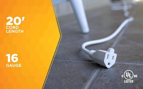 Outdoor Extension Cord For Landscape And Patio Use, Light Duty 16/3 Gauge, 20 Foot Power Cable, close-up on tile floor, UL listed.