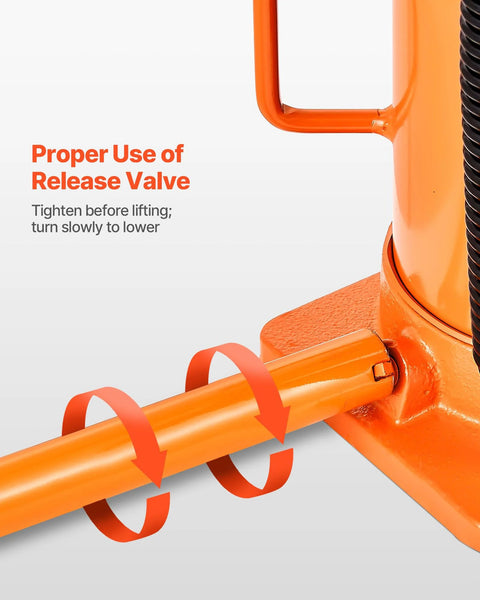 Orange metal air-hydraulic bottle jack with manual handle; close-up view of lifting rod and base.