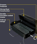 Portable Propane Gas Grill With Convective Heat, One Burner, 190 Square Inches Of Cooking Space, Durable Porcelain Coated Grates, Easy Clean, Lightweight Outdoor Grill For Camping, Tailgate And Patio Use with open lid showing cooking area.