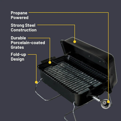 Portable Propane Gas Grill With Convective Heat, One Burner, 190 Square Inches Of Cooking Space, Durable Porcelain Coated Grates, Easy Clean, Lightweight Outdoor Grill For Camping, Tailgate And Patio Use with open lid showing cooking area.