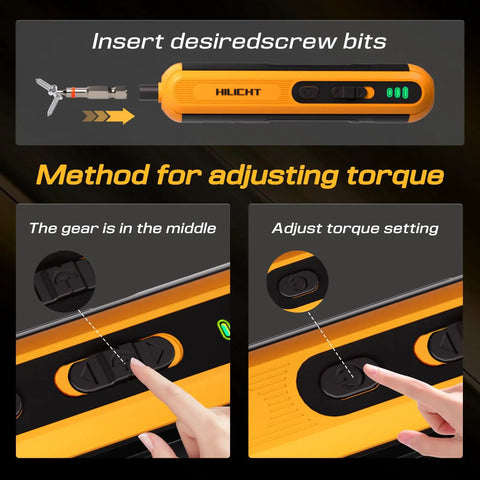 4V Cordless Electric Screwdriver Set With USB C Charge LED Light 26 S2 Bits Dual Activation torque adjusting demonstration