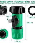 Garden Hose Quick Connect Kit With Three Quarter Inch GHT Female Connectors And Valve Quick Release, showing green ball valve dimensions.