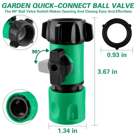 Garden Hose Quick Connect Kit With Three Quarter Inch GHT Female Connectors And Valve Quick Release, showing green ball valve dimensions.