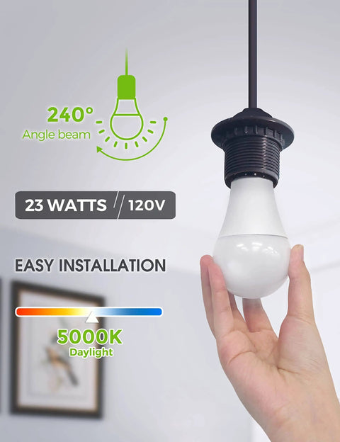 Hand installing Ultra Bright A21 LED Light Bulb 23W Equivalent 150 To 200W 2500 Lumen 5000K Daylight E26 Non Dim No Flicker