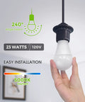 Hand holding bulb labeled as A21 LED Light Bulbs 23W Replaces 150-200W, 2500 Lumen Ultra Bright Soft White 3000K