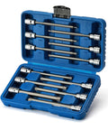 12 Piece 3/8 Inch Drive Extra Long Torx Bit Socket Set With CR V Chrome Vanadium And S2 Steel Bits, 5.9 Inch Reach in blue case.