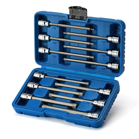 12 Piece 3/8 Inch Drive Extra Long Torx Bit Socket Set With CR V Chrome Vanadium And S2 Steel Bits, 5.9 Inch Reach in blue case.