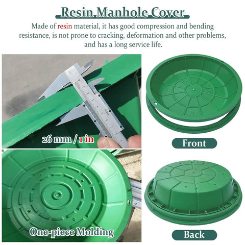 Invisible Composite Manhole Cover 16 to 39 Inch Round Green Septic Tank Lid, front and back view, resin material