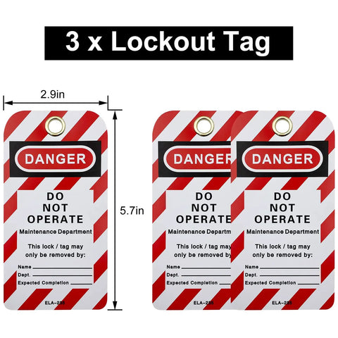 Three lockout tags labeled 'Danger Do Not Operate,' part of On The Go Lockout Tagout Kit With Clamp-On Circuit Breaker, OSHA compliant.