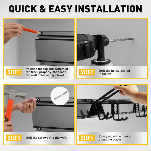 Installation steps for Heavy Duty 96 Inch Garage Tool Organizer Wall Mount Hooks Kit With 18 Pairs Built To Last 1460 Lbs Capacity Garden Tool Storage Rack For Garage Shed Yard And Workshop.