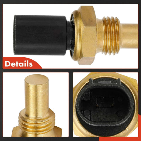 Side view of A-Premium engine coolant temperature sensor with brass threaded body and black 2-pin connector.