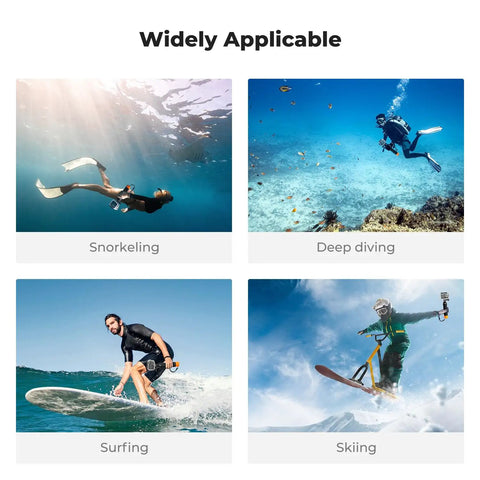 Collage with four activities: Snorkeling, Deep Diving, Surfing, Skiing using 60 Meter Waterproof Case With Floating Handle Kit For DJI Osmo Action 6