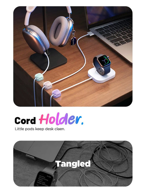 8 Pack Cable Clips Cord Organizer with One Hand Lock and Extra Strong Adhesive holding cables on a desk.