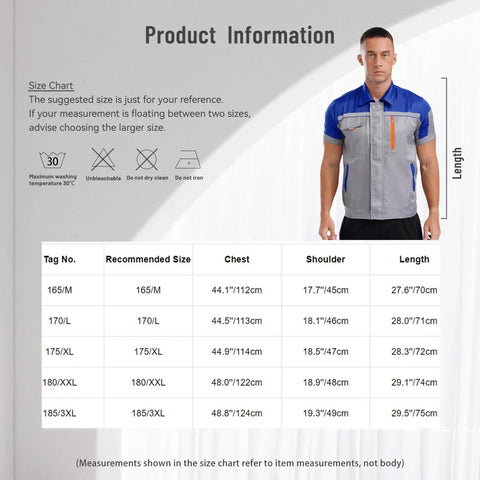Mens Short Sleeve Mechanic Work Shirt With Reflective Safety Stripes And Zipper Front size chart and model measurements