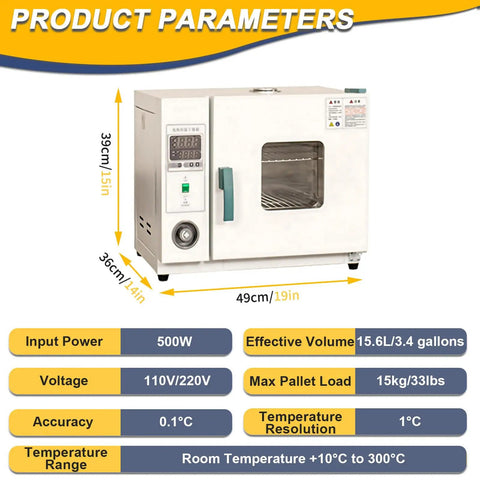 Industrial Workhorse Horizontal Blast Drying Oven With Rock Solid Forced Air Convection Laboratory Heater Dead On Temperature Control 50 To 572 Fahrenheit Adjustable Slick One Six Liter Chamber dimensions and specifications detail image.