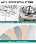 Details of Dope Chandelier Style Ceiling Fan With Remote And Light, 52 Inch Fandelier showing crystal shades, motor, and blades.