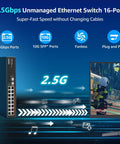 Unmanaged 18 Port 2.5G Ethernet Switch With 16 2.5Gb Base T Ports And 2x 10G SFP Ports, metal fanless design, gaming setup