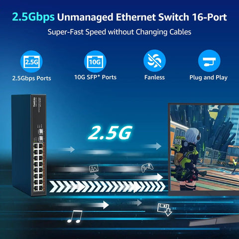 Unmanaged 18 Port 2.5G Ethernet Switch With 16 2.5Gb Base T Ports And 2x 10G SFP Ports, metal fanless design, gaming setup