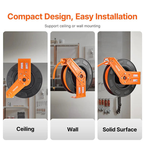 Kickass Retractable Air Hose Reel Auto Rewind 1/2 In X 50 Ft Hybrid Polymer Air Hose Max 300 Psi compact design for easy ceiling or wall mounting