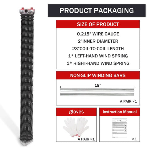 Pro Grade 2 Inch Garage Door Torsion Springs Pair With Winding Bars And Anti Slip Gloves, Heavy Duty Electrophoretic Coated Springs With 16,000+ Cycles packaging details.