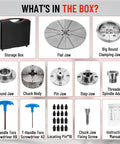 Slick Four Inch Wood Lathe Chuck Set Featuring Five Heavy Duty Jaws Plus A Sweet Ten Inch Aluminum Flat Jaw M33 To One By Eight TPI Adapter For Dead Simple Bowl Turning And Spindle Work That Yields Kickass Results Daily - what's in the box image with tools and accessories.