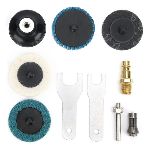 Kickass Pneumatic Die Grinder With 90 Degree Angle Head For Hella Smooth Metal And Wood Deburring Air Powered Rotary Tool accessories including wire and felt discs.