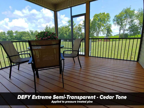 All In One Wood Stain And Sealer For Outdoor Wood Projects Semi Transparent Waterproof Finish In Cedar Tone Protects All Wood Types From Moisture Prevents Graying Extends Exterior Wood Life 1 Gallon applied on deck