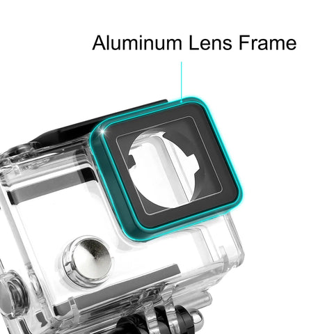 Close-up of Waterproof GoPro Hero 3 3 Plus 4 Case Underwater Housing 131ft IP68 with aluminum lens frame for scuba diving