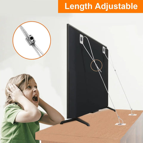 Adjustable 42 Inch TV Safety Straps No Drill Anti Tip Furniture Anchors Kit For Baby Proofing attached to a flat screen and desk