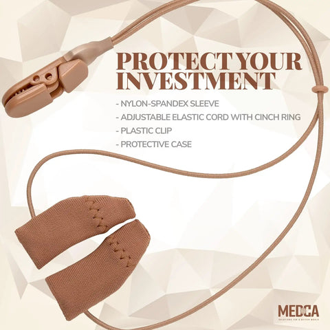 Rugged Hearing Aid Sleeve Protector With Clip corded fabric cover for BTE devices, showing nylon-spandex material and adjustable cord.