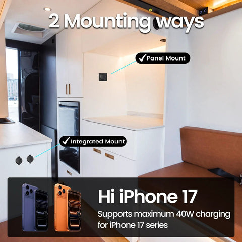 Dual USB C Car Charger Kit With 65W And 20W PD 3.0 Power Delivery in a camper kitchen with panel and integrated mount options visible.