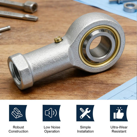 Two Pack PHS10 Rod End Bearings With Jam Nuts 10mm Bore M10x1.5 Right Hand Thread Pre Lubricated Joint For Industrial Machinery And Automation In Industrial Settings, close-up on bench