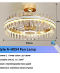 Super Sleek Modern Led Crystal Ceiling Fan Light Offering Easy Three Color Temperature Swaps in electroplated rose gold with clear prisms.