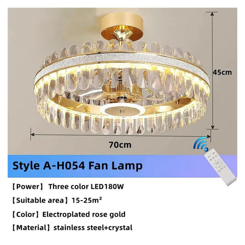 Super Sleek Modern Led Crystal Ceiling Fan Light Offering Easy Three Color Temperature Swaps in electroplated rose gold with clear prisms.