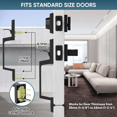 Heavy Duty Front Door Handle Set With Square Lever And Single Cylinder Deadbolt Reversible For Exterior Entrances Matte Black Finish installed on a door